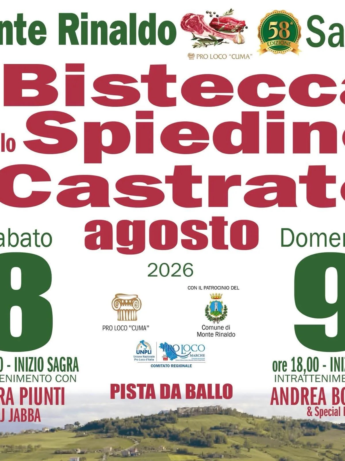 Locandina 58ª Sagra della Bistecca e dello Spiedino di Castrato 2026 a Monte Rinaldo (Fermo)