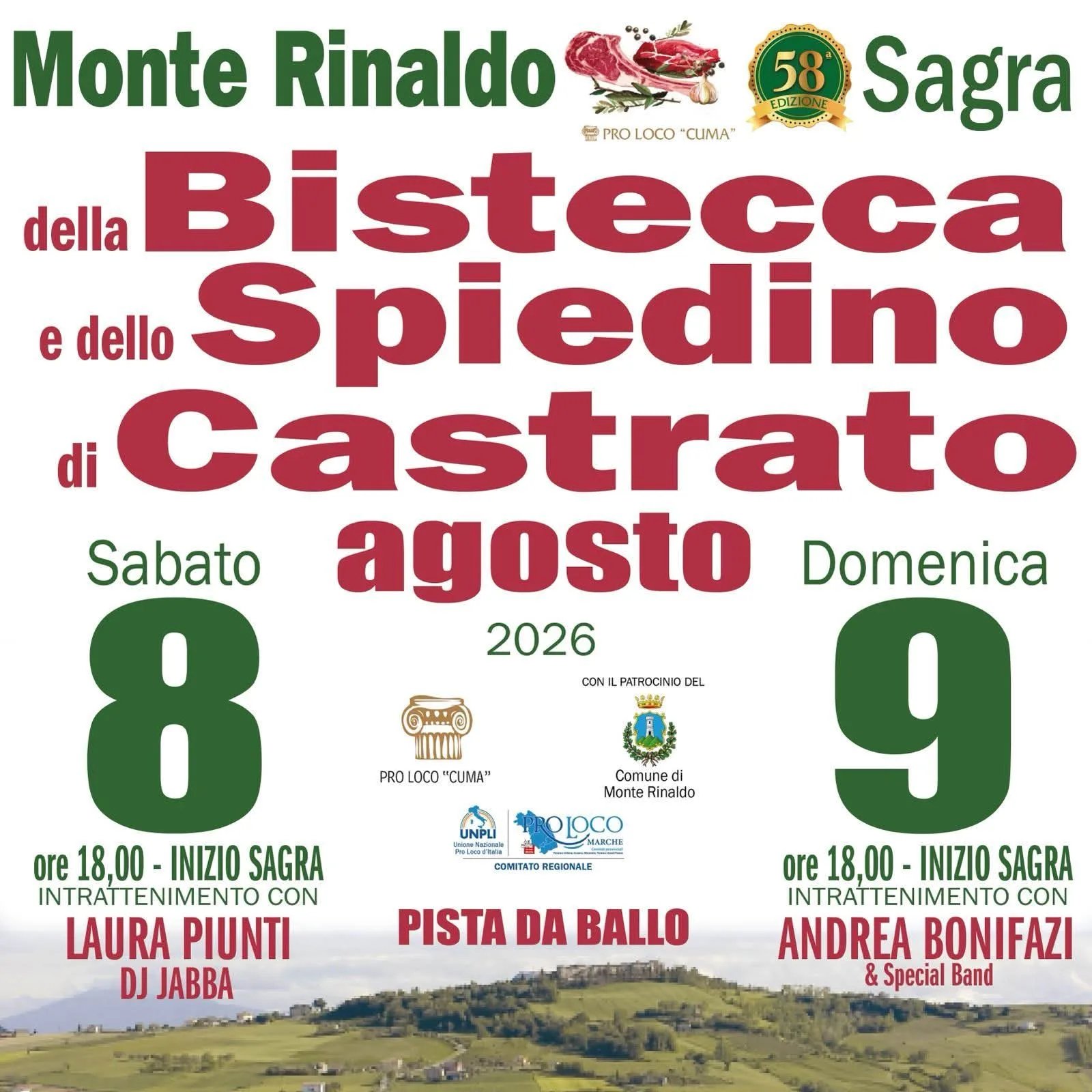 Locandina 58ª Sagra della Bistecca e dello Spiedino di Castrato 2026 a Monte Rinaldo (Fermo)