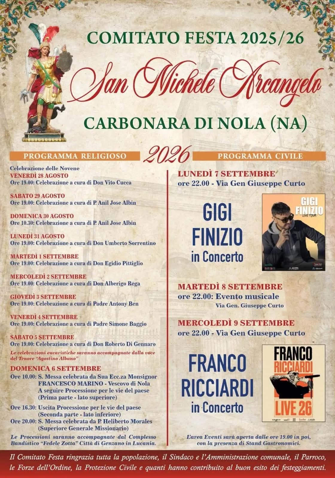 Locandina Festa di San Michele Arcangelo 2026 a Carbonara di Nola (Napoli)