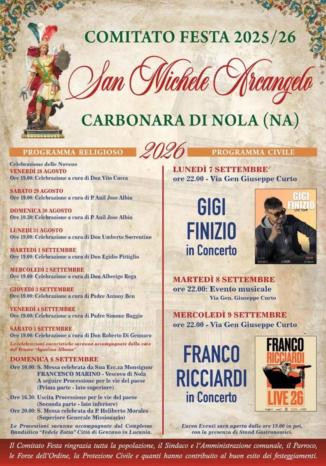 Locandina Festa di San Michele Arcangelo 2026 a Carbonara di Nola (Napoli)