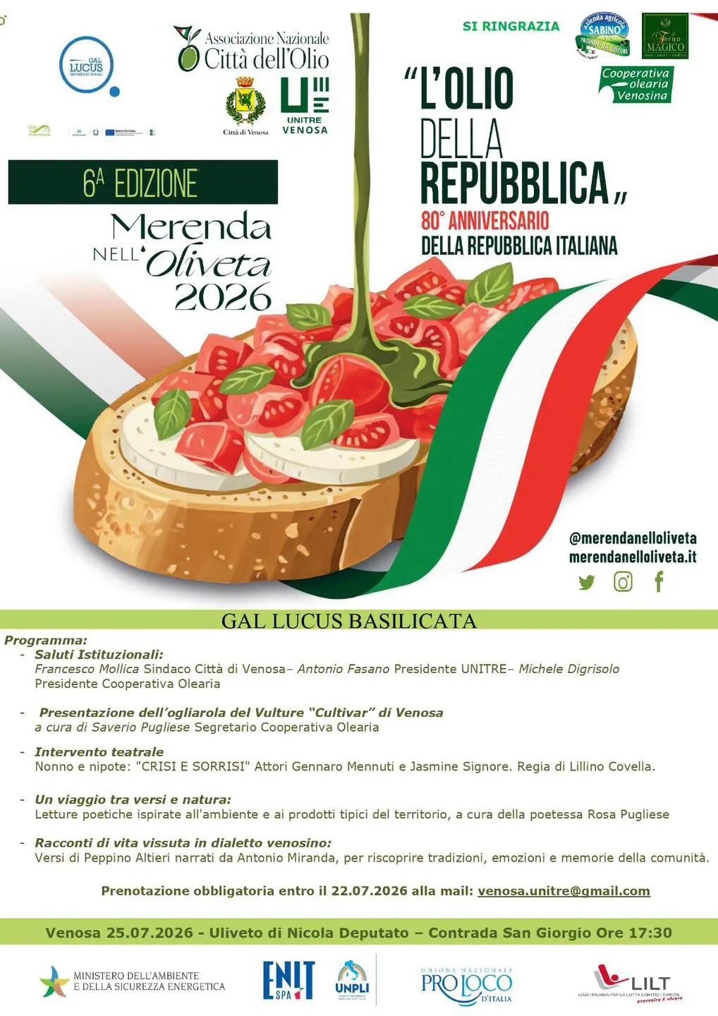 Locandina 6ª Edizione Merenda nell'Oliveta 2026 a Venosa (Potenza)