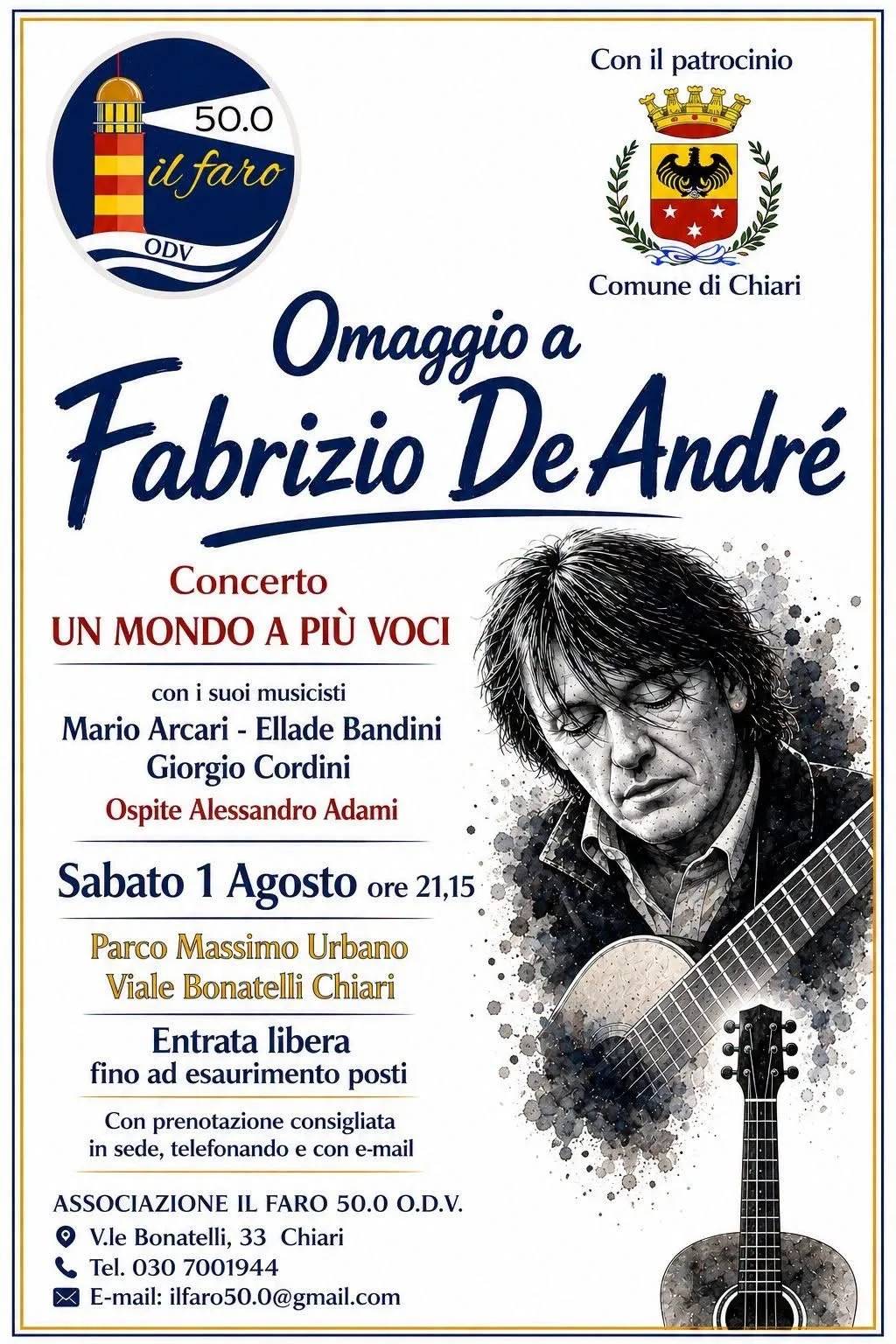 Locandina Concerto Omaggio a Fabrizio De André 2026 a Chiari (Brescia)