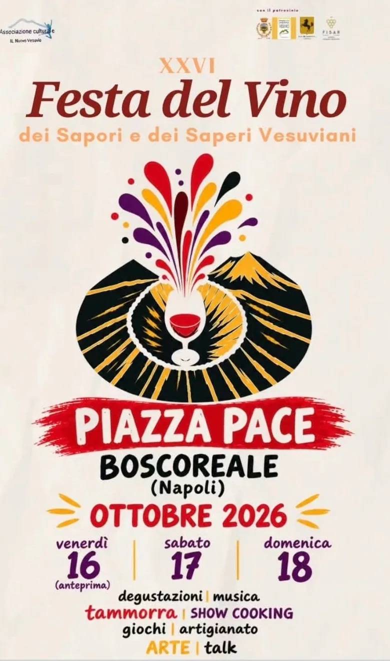 Locandina 26ª Festa del Vino dei Sapori e dei Saperi Vesuviani 2026 a Boscoreale (Napoli)