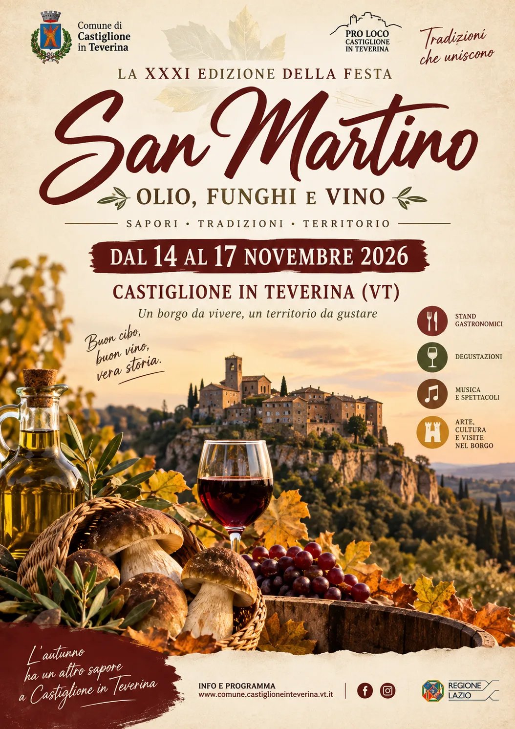 Locandina 31ª Festa di San Martino Olio, Funghi e Vino 2026 a Castiglione in Teverina (Viterbo)