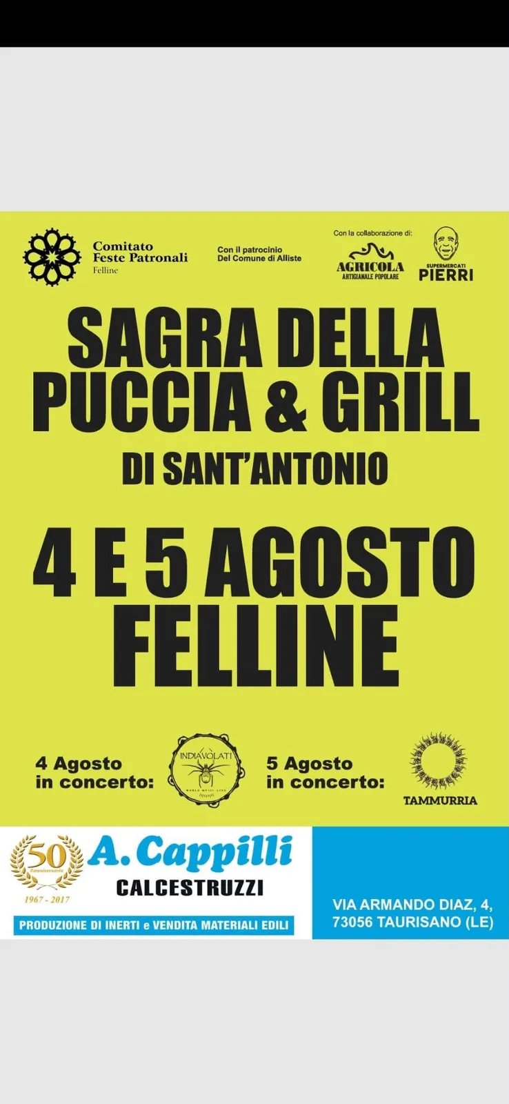 Locandina Sagra della Puccia & Grill di Sant'Antonio 2026 a Alliste (Lecce)
