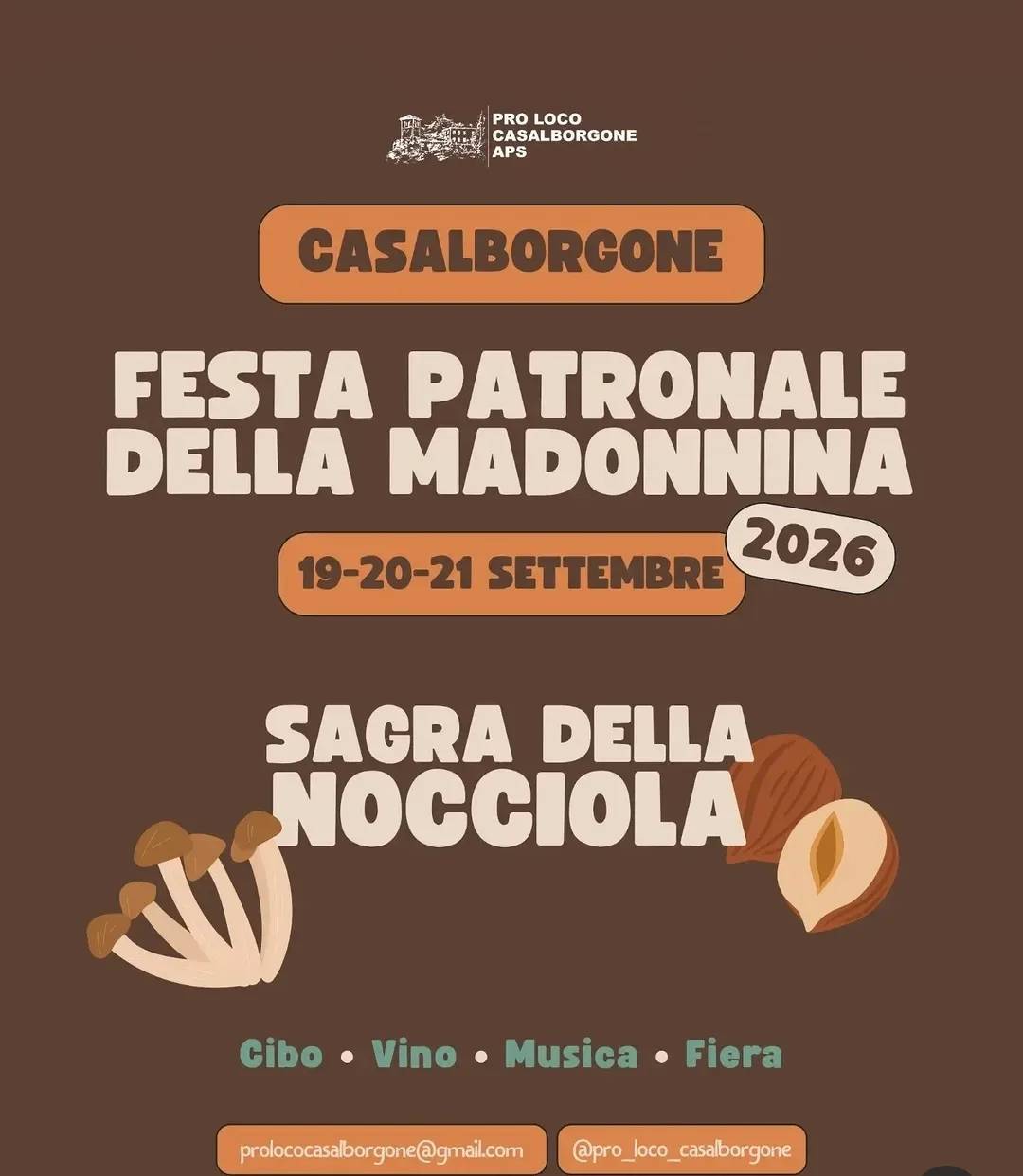 Locandina Festa Patronale della Madonnina e Sagra della Nocciola 2026 a Casalborgone (Torino)