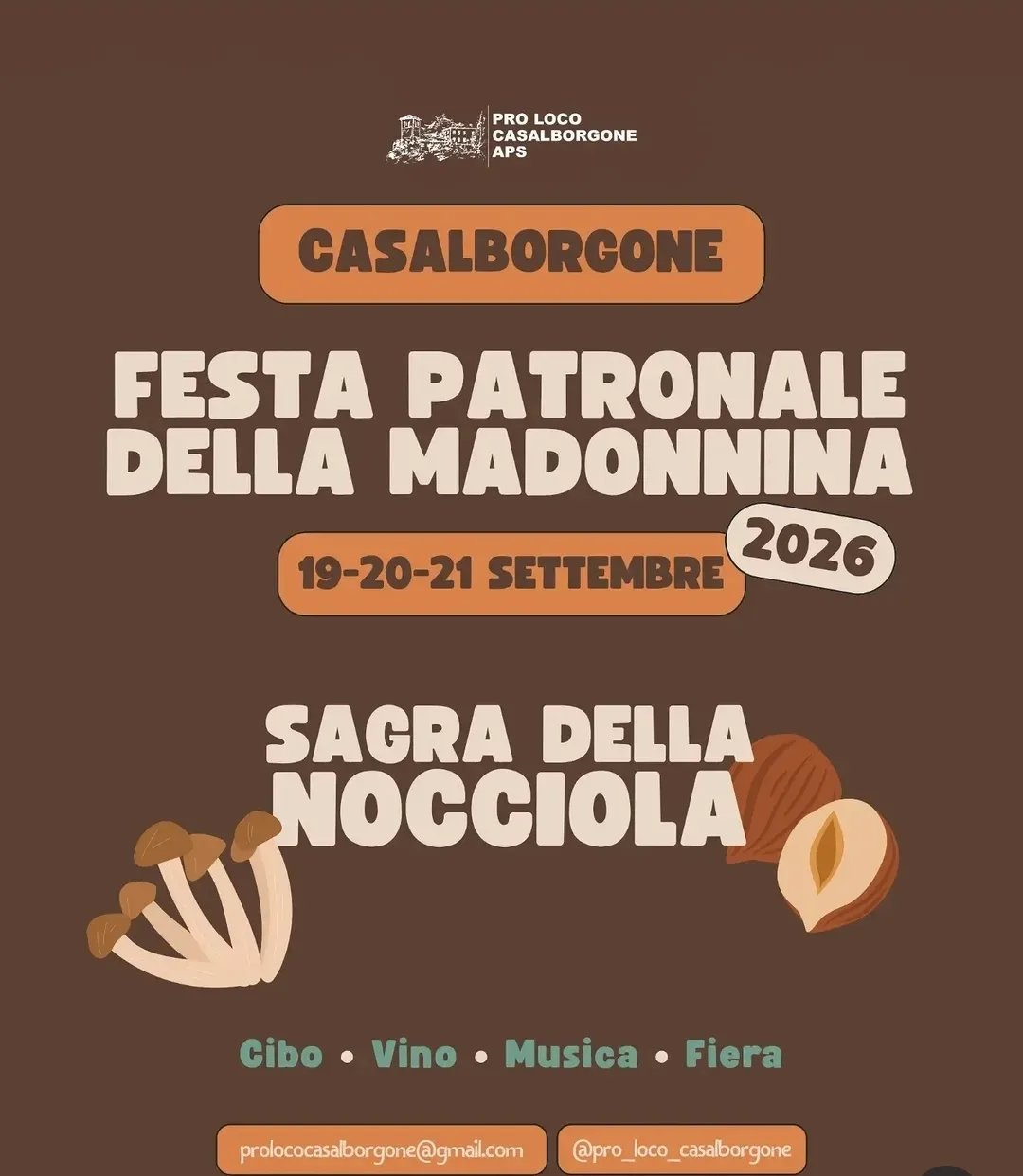 Locandina Festa Patronale della Madonnina e Sagra della Nocciola 2026 a Casalborgone (Torino)