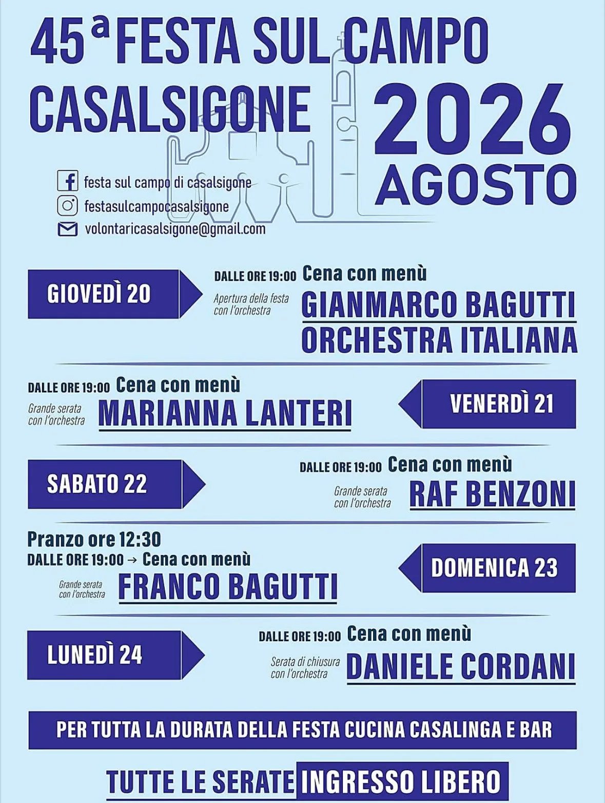 Locandina 45ª Festa sul Campo Casalsigone — Daniele Cordani 2026 a Pozzaglio ed Uniti (Cremona)