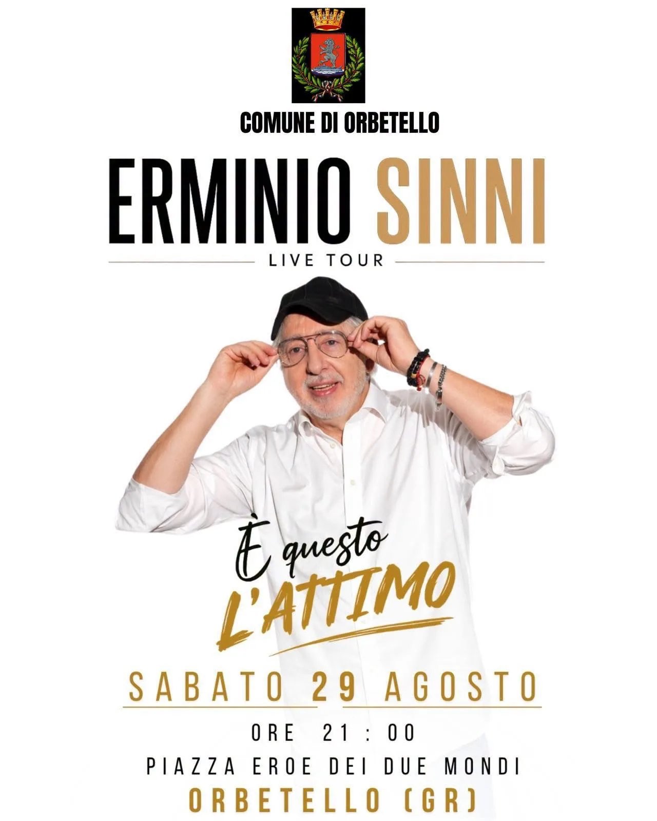 Locandina Erminio Sinni Live Tour 2026 a Orbetello (Grosseto)
