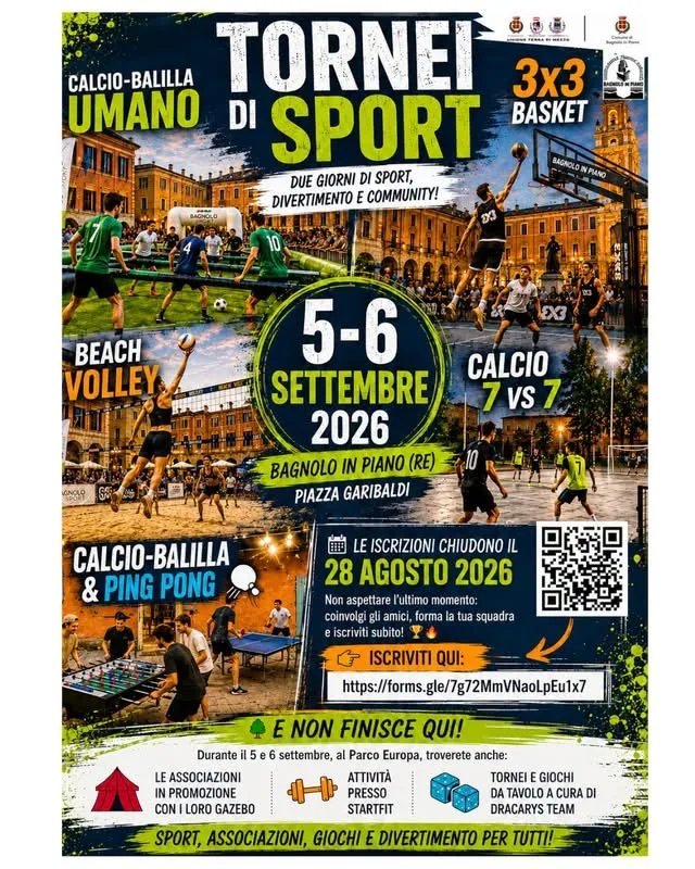 Locandina Tornei di Sport 2026 a Bagnolo in Piano a Bagnolo in Piano (Reggio nell'Emilia)