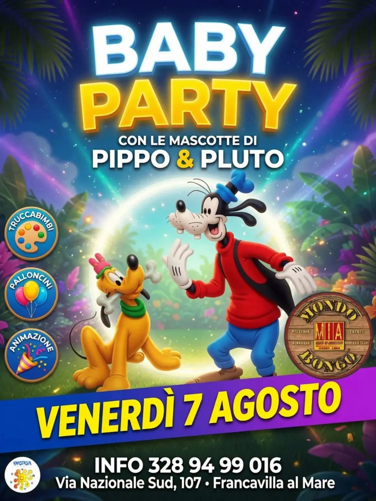 Locandina Baby Party con le Mascotte di Pippo & Pluto 2026 a Francavilla al Mare (Chieti)