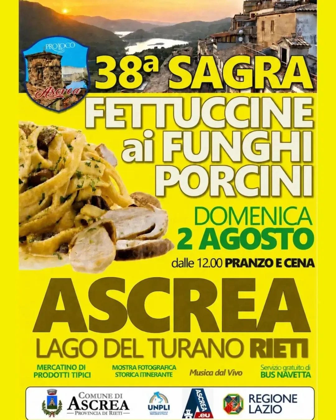 Locandina 38ª Sagra Fettuccine ai Funghi Porcini 2026 a Ascrea (Rieti)