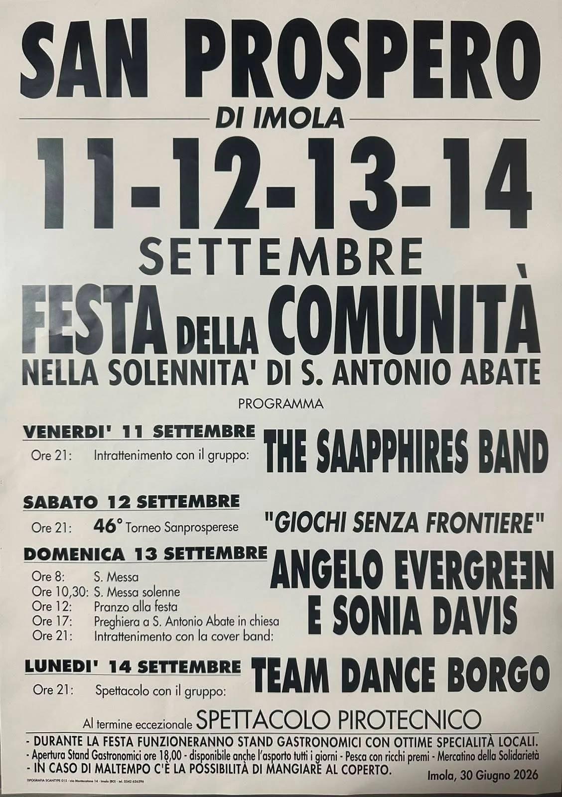 Locandina 46° Torneo Sanprosperese 2026 “Giochi senza frontiere” a Imola (Bologna)