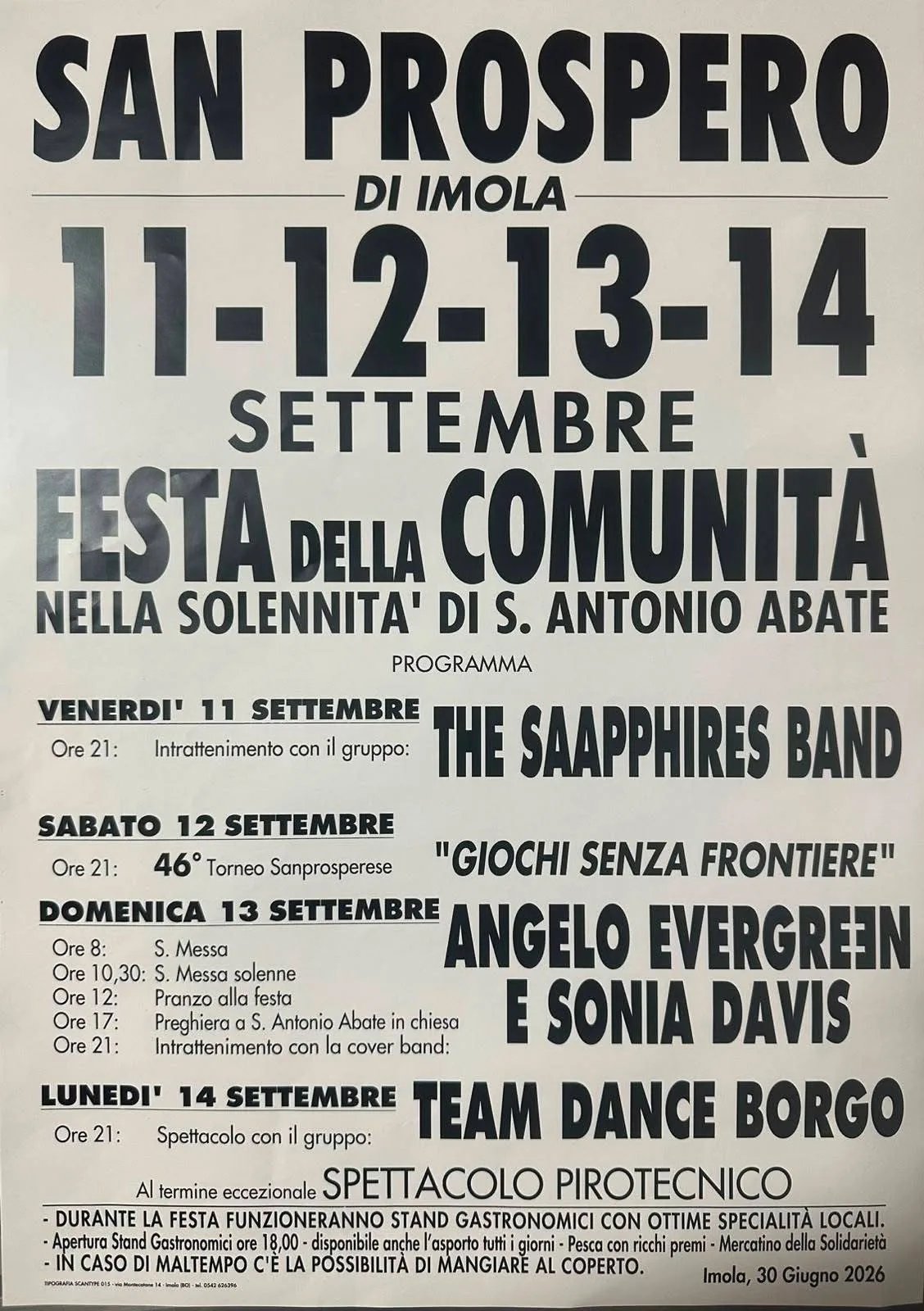 Locandina 46° Torneo Sanprosperese 2026 “Giochi senza frontiere” a Imola (Bologna)