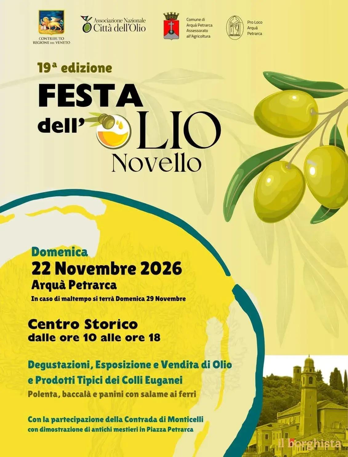 Locandina 19ª Festa dell’Olio Novello 2026 a Arquà Petrarca (Padova)