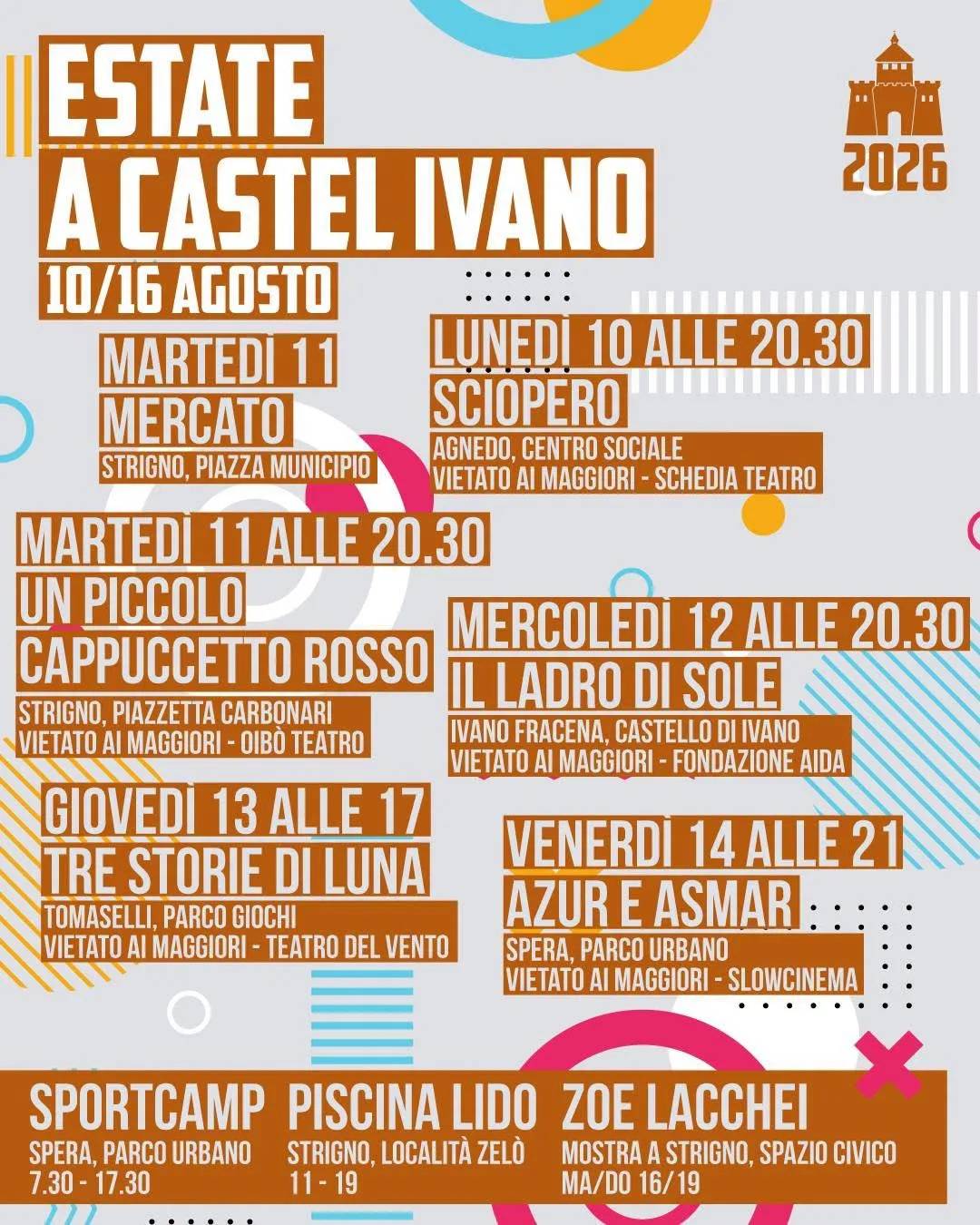 Locandina calendario eventi agosto 2026 a Castel Ivano (Trento)