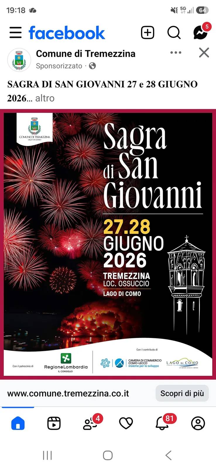Locandina Sagra di San Giovanni 2026 a Tremezzina (Como)