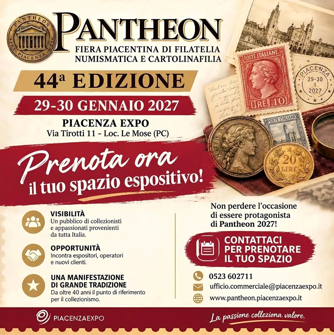 Locandina 44ª Fiera Piacentina di Filatelia Numismatica e Cartolinafilia 2027 a Piacenza (PC)