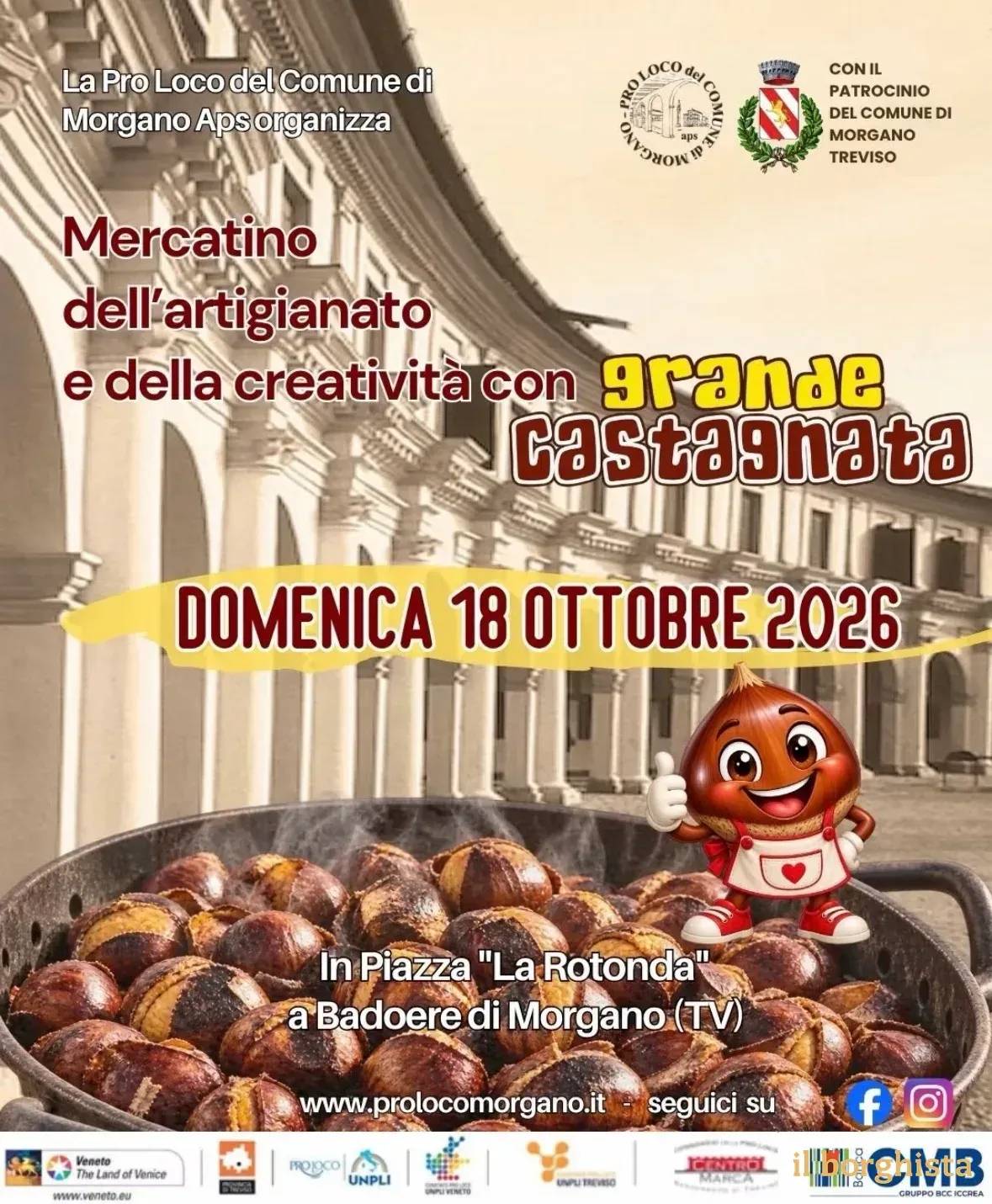 Locandina Mercatino dell'artigianato e della creatività con grande castagnata 2026 a Morgano (Treviso)