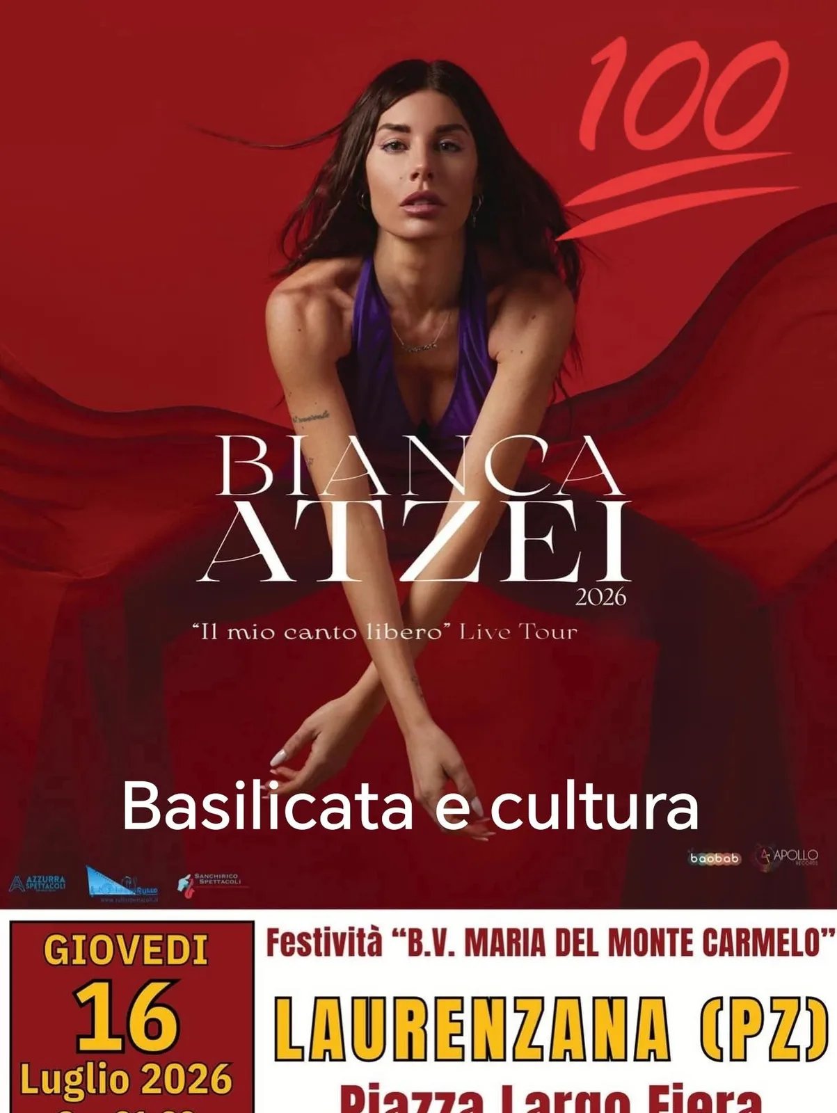 Locandina Bianca Atzei "Il mio canto libero" Live Tour 2026 a Laurenzana (Potenza)