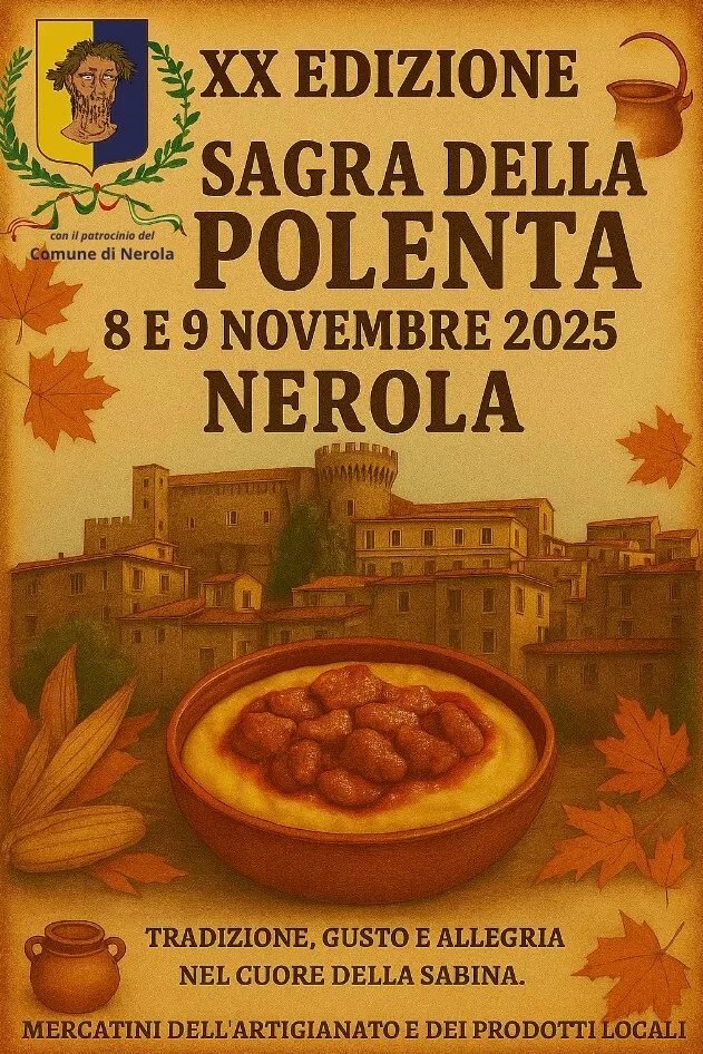 Locandina 20ª Sagra della Polenta 2025 a Nerola (Roma)