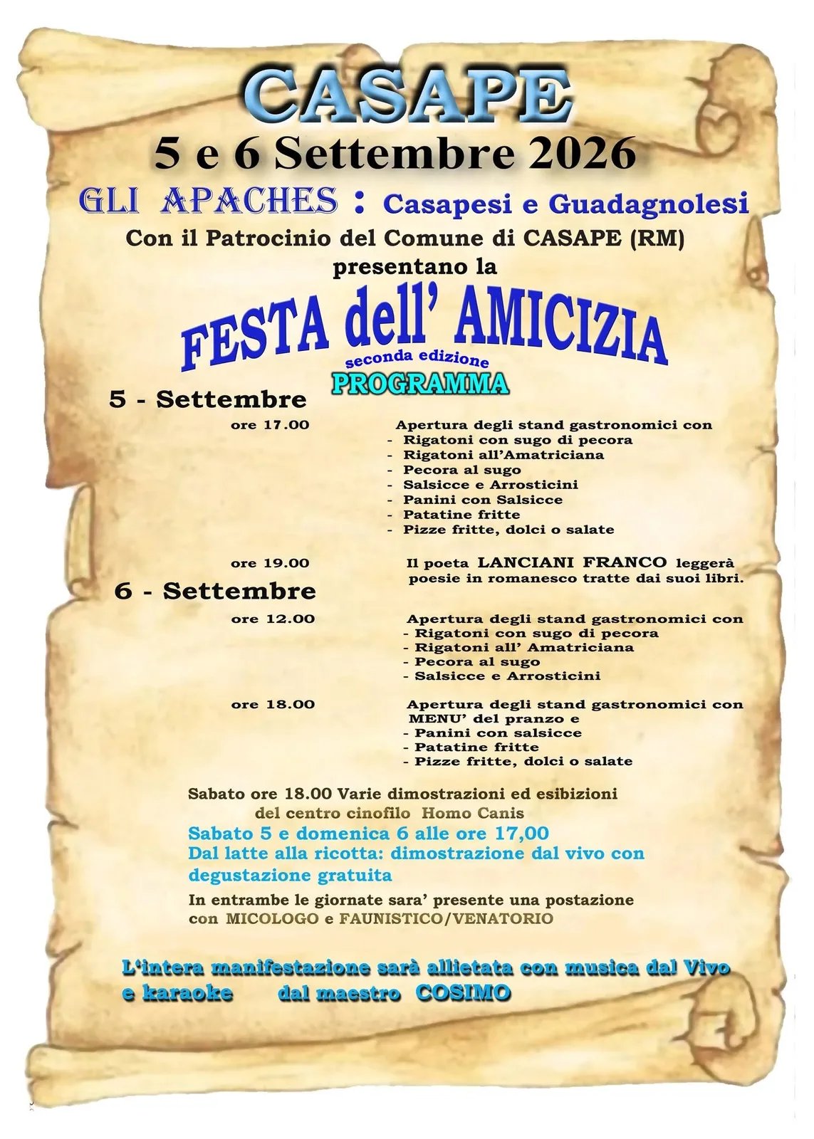 Locandina 2ª Festa dell'Amicizia 2026 a Casape (Roma)