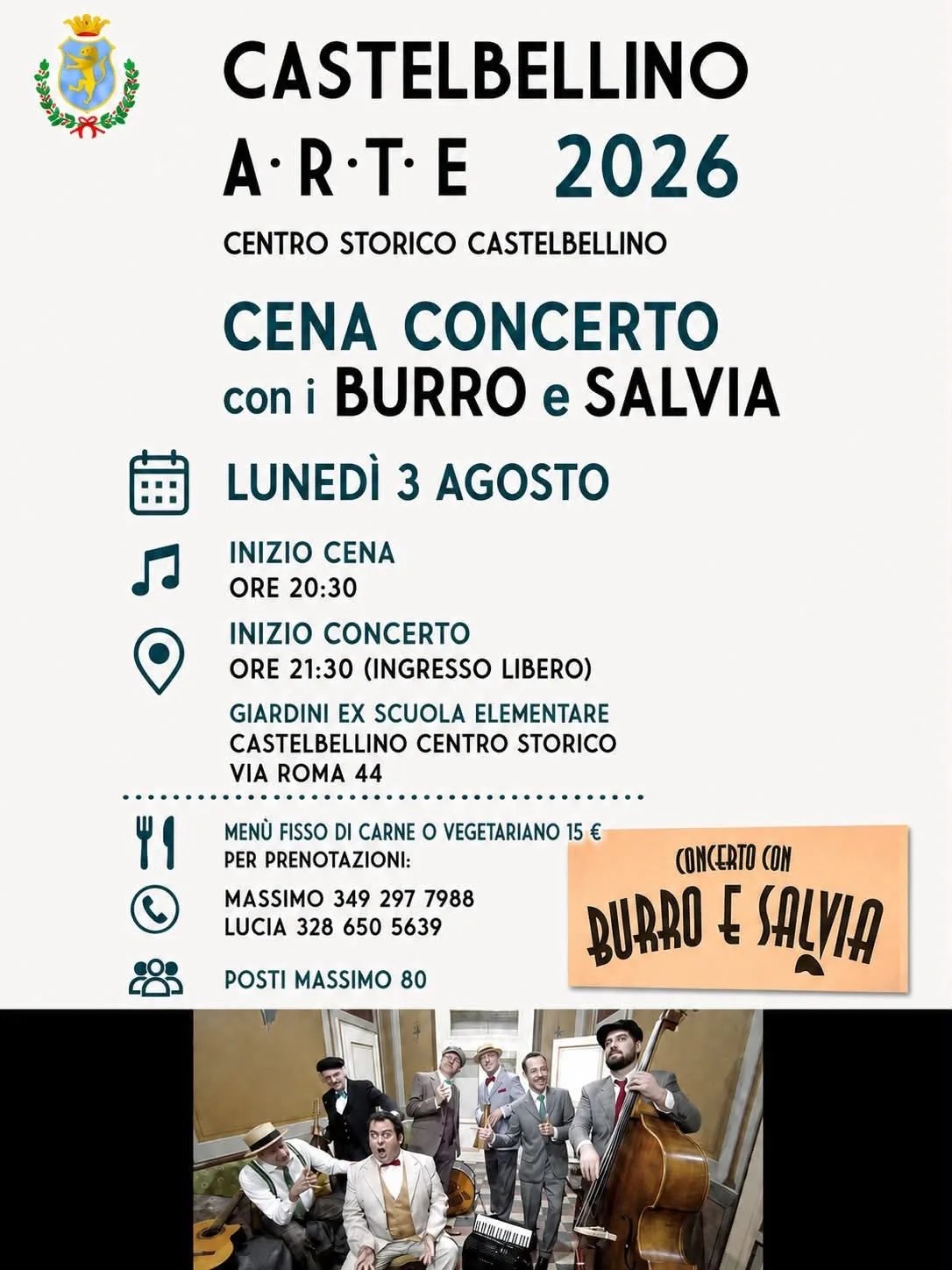 Locandina Castelbellino A·R·T·E 2026 Cena Concerto con Burro e Salvia a Castelbellino (Ancona)