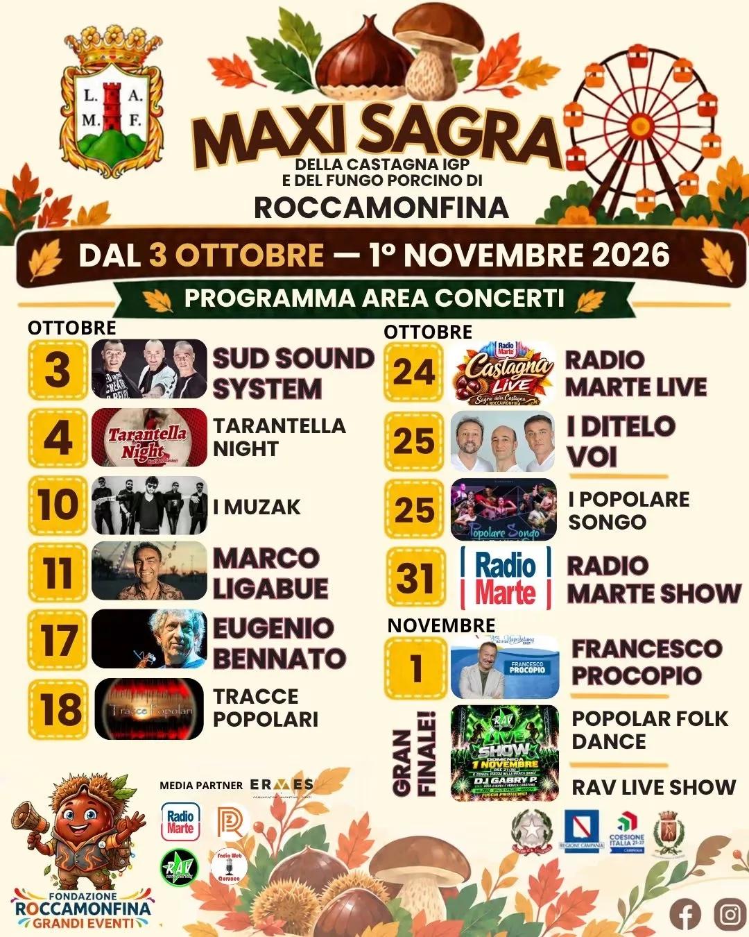 Locandina calendario eventi autunno 2026 a Roccamonfina (Caserta)