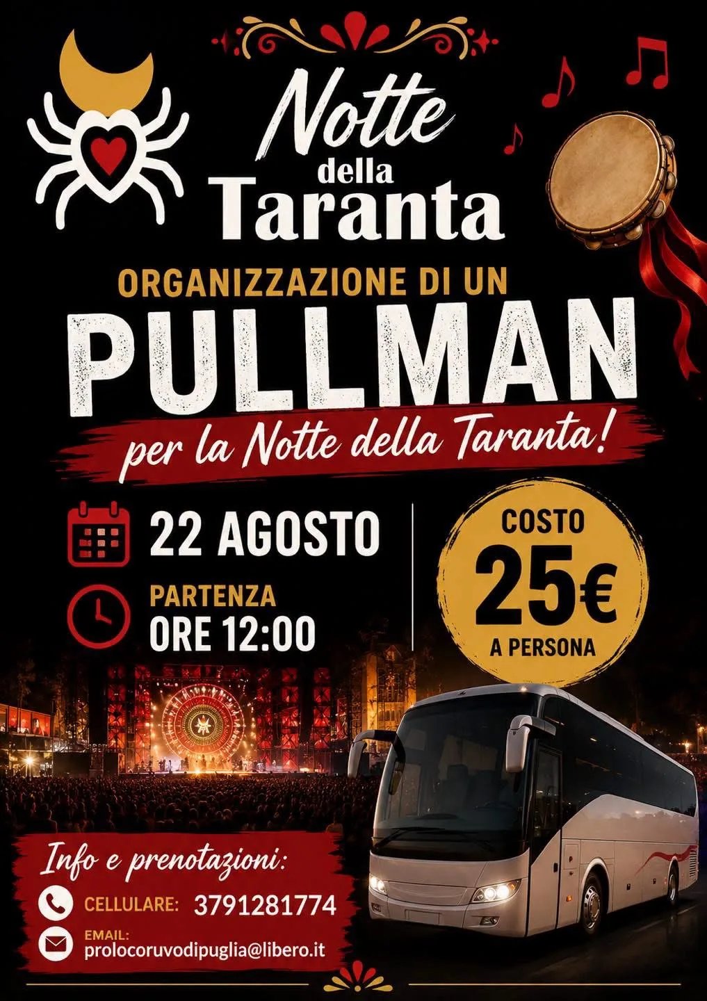 Locandina Pullman per la Notte della Taranta 2026 a Ruvo di Puglia (Bari)