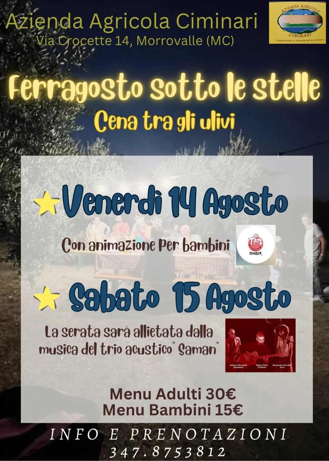 Locandina Ferragosto sotto le stelle 2026: Cena tra gli ulivi (14 ago) a Morrovalle (Macerata)