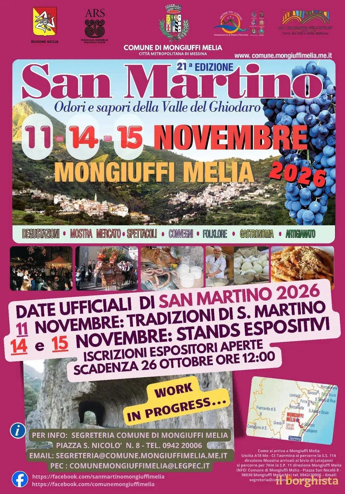 Locandina 21ª San Martino — Odori e sapori della Valle del Ghiodaro 2026 a Mongiuffi Melia (Messina)