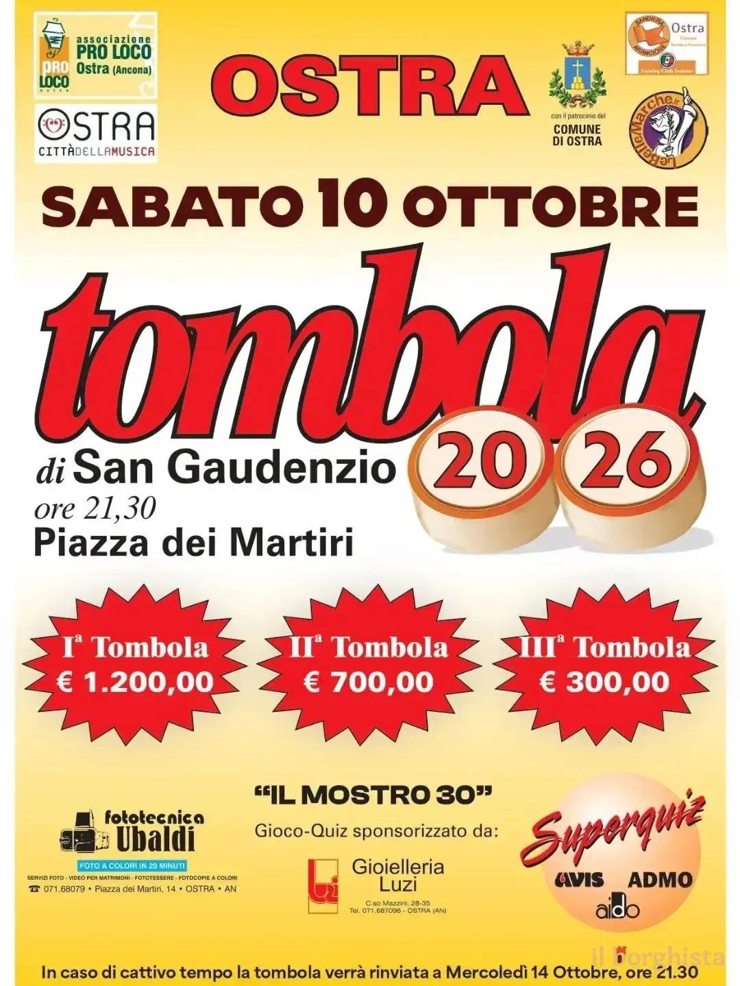Locandina Tombola di San Gaudenzio 2026 a Ostra (Ancona)