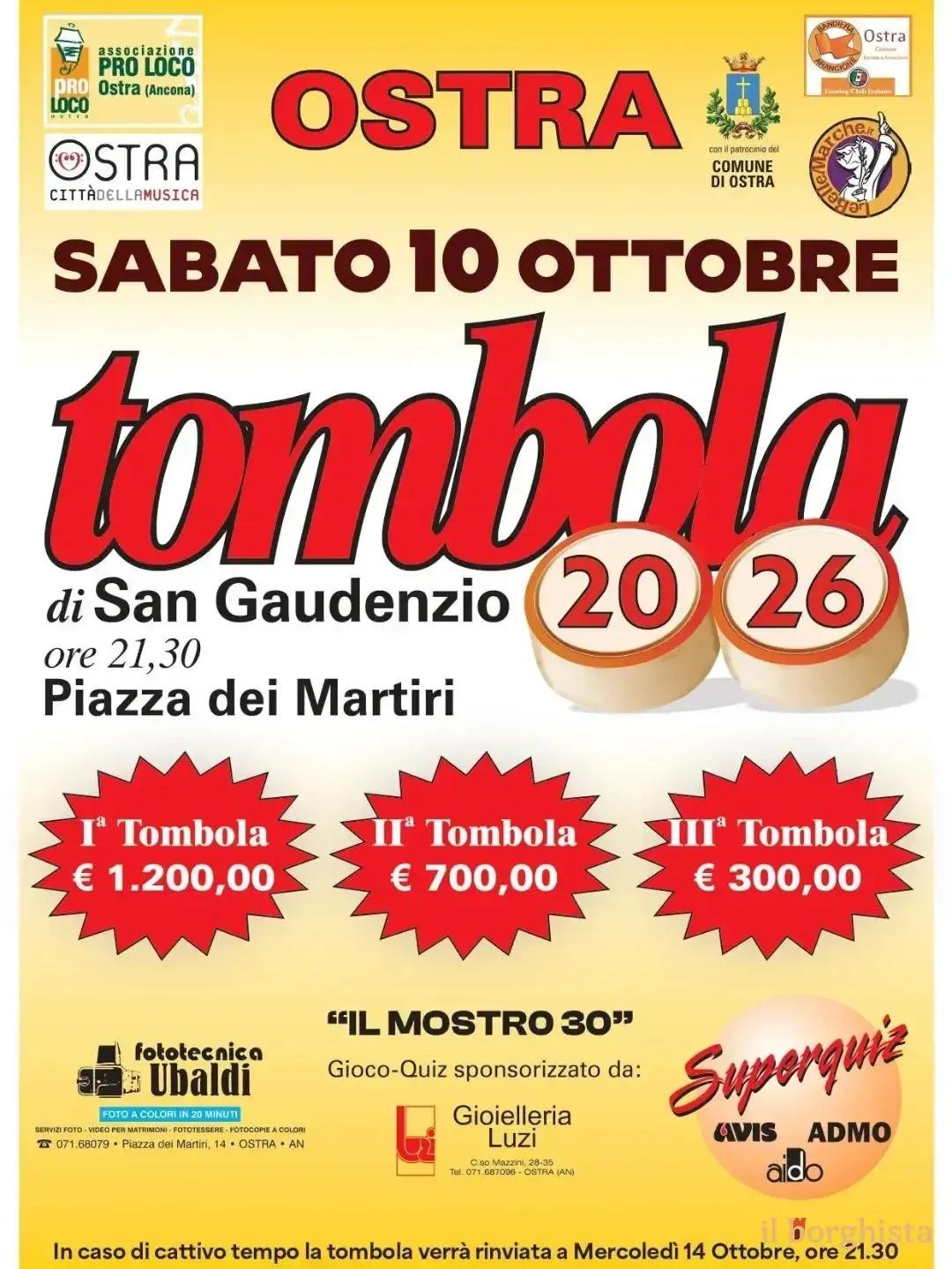 Locandina Tombola di San Gaudenzio 2026 a Ostra (Ancona)