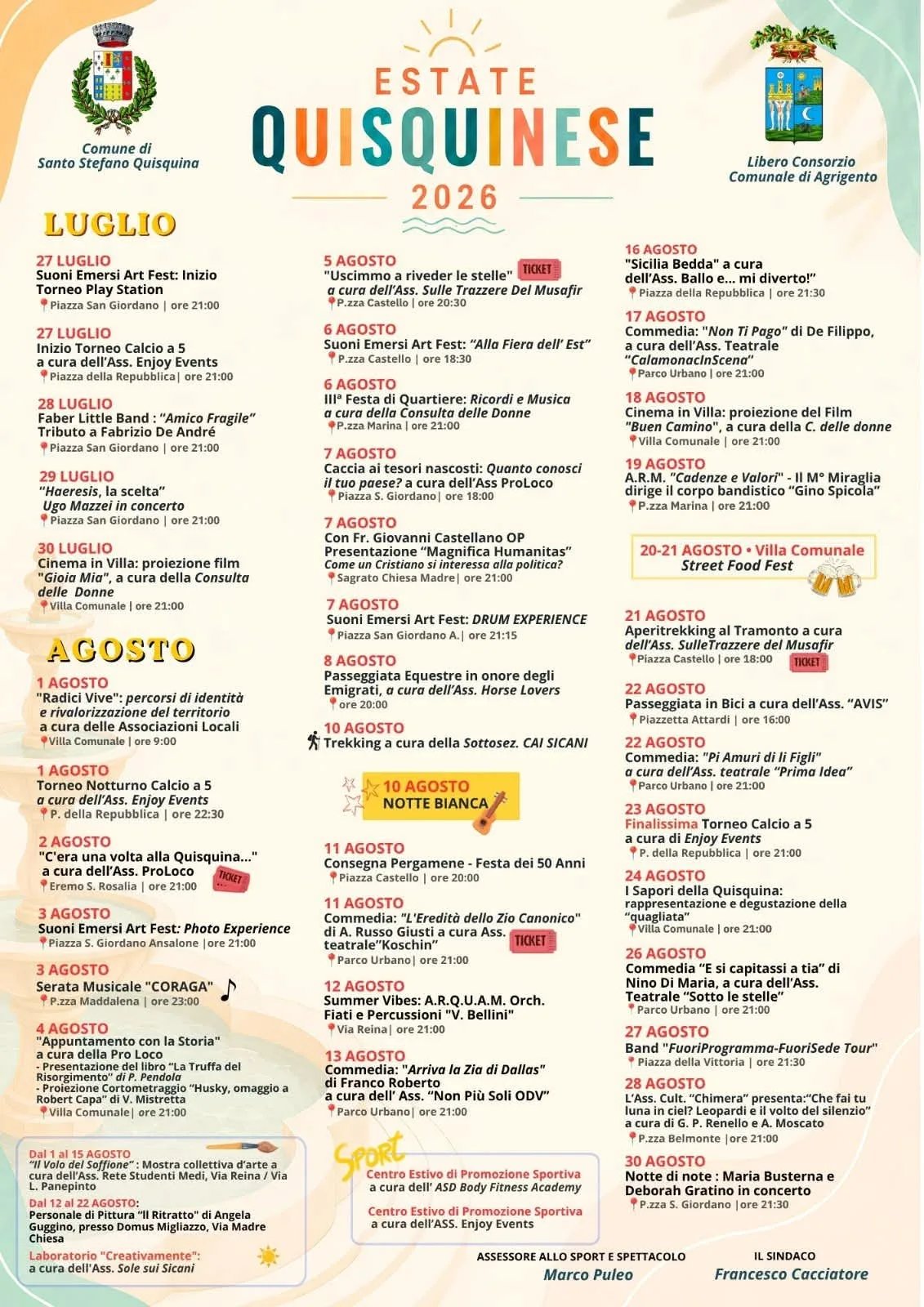 Locandina calendario eventi estate 2026 a Santo Stefano Quisquina (Agrigento)
