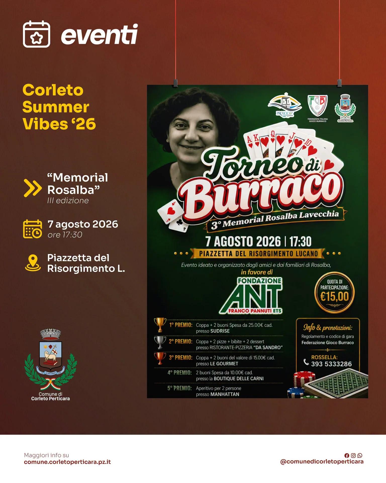Locandina Memorial Rosalba Lavecchia 2026 — Torneo di burraco (III ed. a Corleto Perticara (Potenza)
