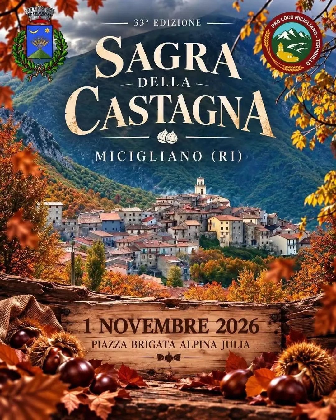 Locandina 33ª Sagra della Castagna 2026 a Micigliano (Rieti)