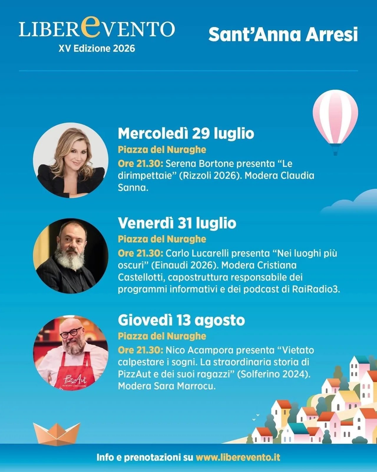 Locandina Serena Bortone "Le dirimpettaie" — Liberevento XV 2026 a Sant'Anna Arresi (Sulcis iglesiente)