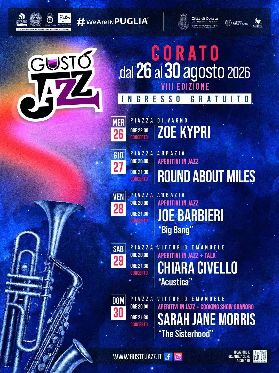 Locandina VIII Gusto Jazz Corato 2026 dal 26 al 30 agosto a Corato (Bari)