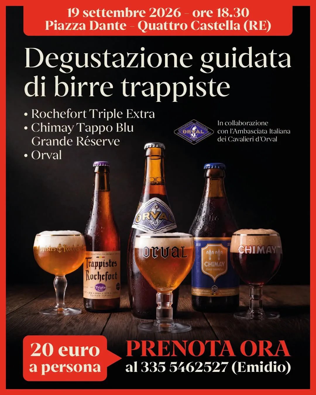 Locandina Degustazione guidata di birre trappiste 2026 a Quattro Castella (RE)