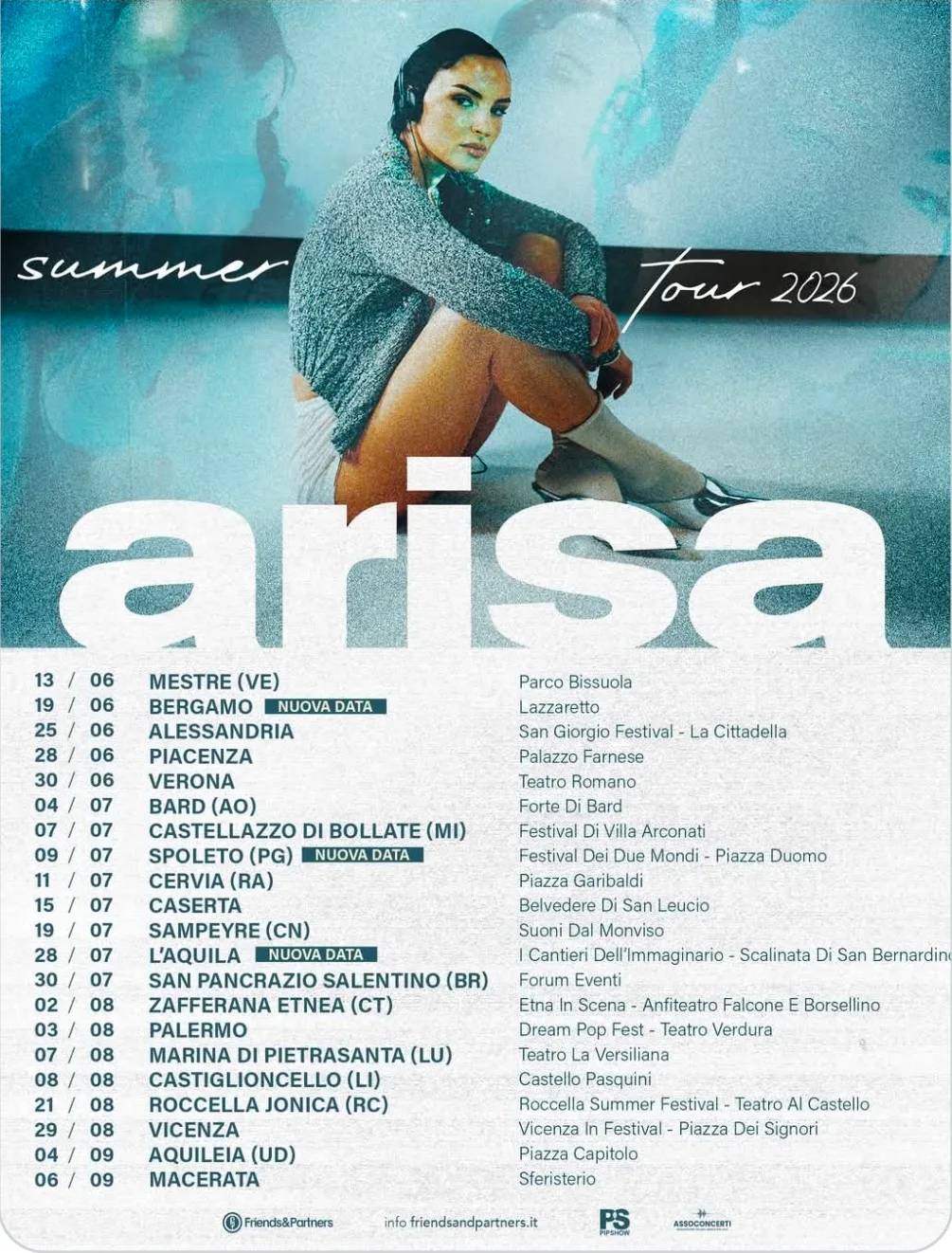 Locandina Arisa Summer Tour 2026 a Mestre a Bard (Valle d'aosta/vallée d'aoste)
