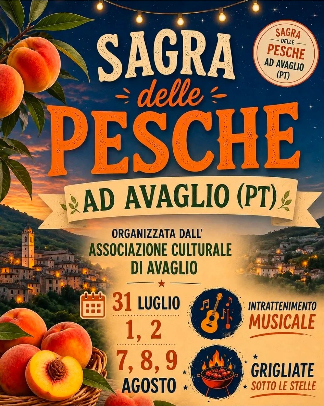 Locandina Sagra delle Pesche ad Avaglio 2026 a Marliana (Pistoia)