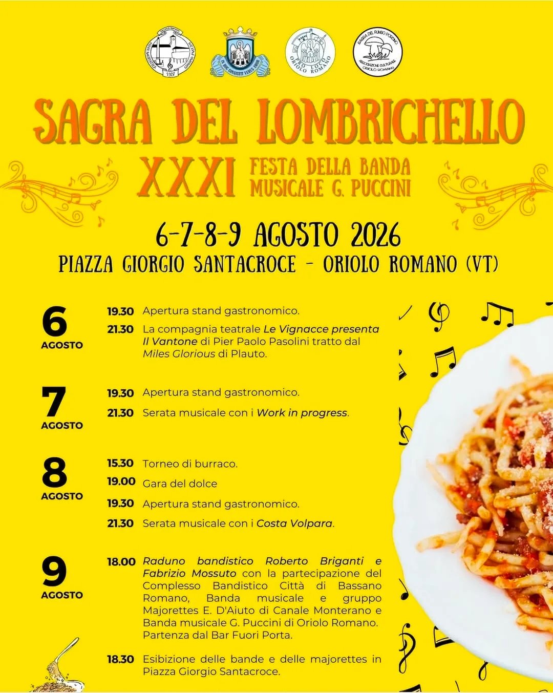 Locandina Sagra del Lombrichello 2026 — Esibizione bande a Oriolo Romano (Viterbo)