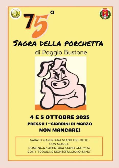 Locandina 75ª Sagra della Porchetta di Poggio Bustone 2025 a Poggio Bustone (Rieti)