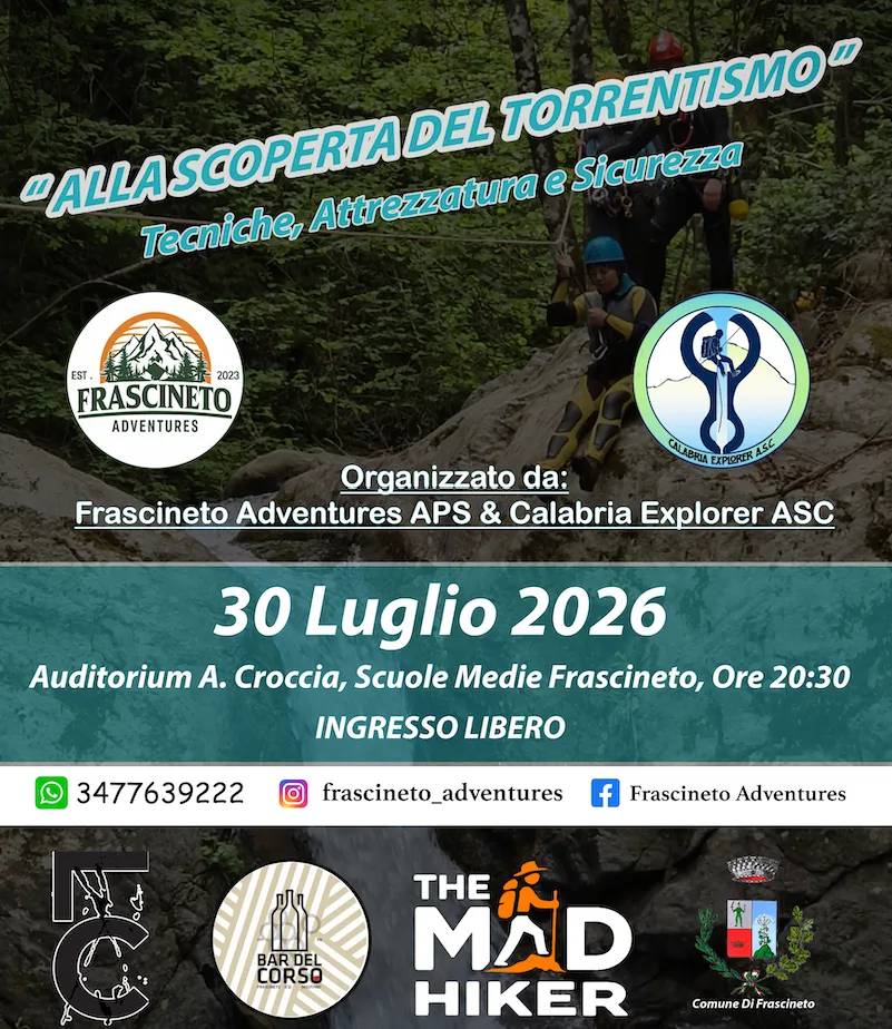 Locandina Alla Scoperta del Torrentismo 2026 a Frascineto (Cosenza)