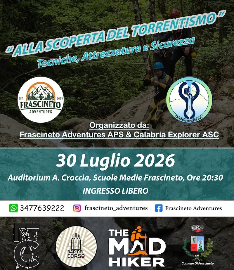 Locandina Alla Scoperta del Torrentismo 2026 a Frascineto (Cosenza)
