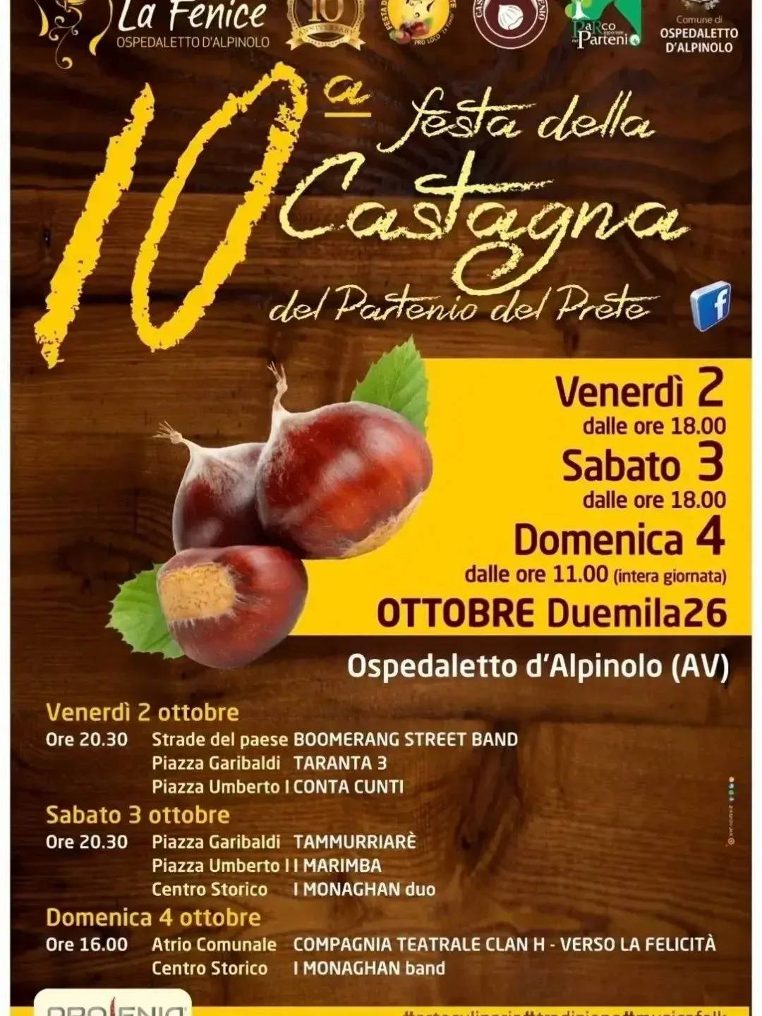 Locandina 10ª festa della Castagna del Partenio del Préte 2026 a Ospedaletto d'Alpinolo (Avellino)
