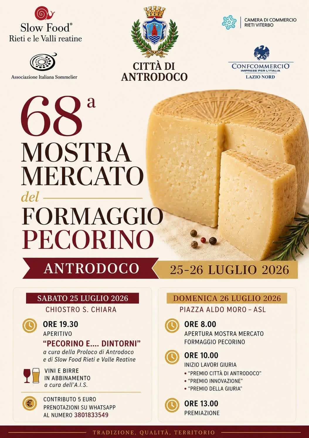 Locandina 68ª Mostra Mercato del Formaggio Pecorino 2026 a Antrodoco (Rieti)