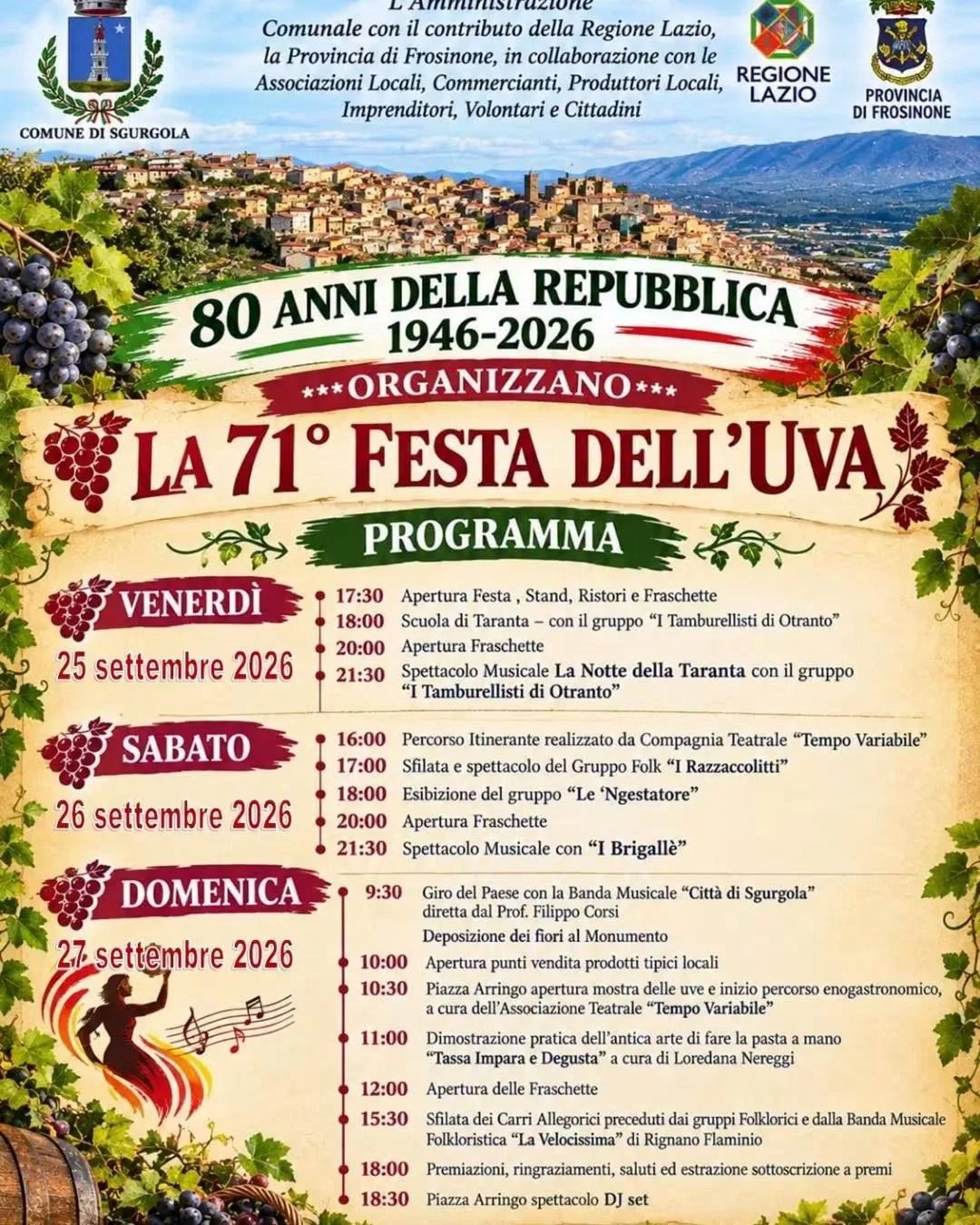 Locandina 71ª Festa dell'Uva 2026 a Sgurgola (Frosinone)