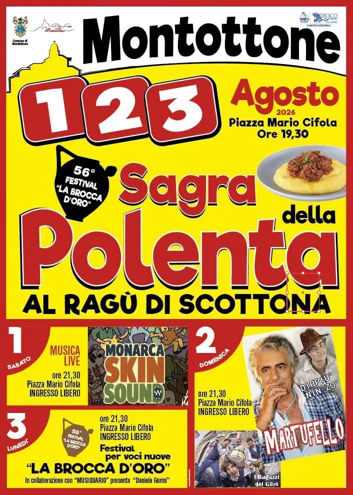 Locandina 56° Festival La Brocca d'Oro - Sagra della Polenta 2026 a Montottone (Fermo)