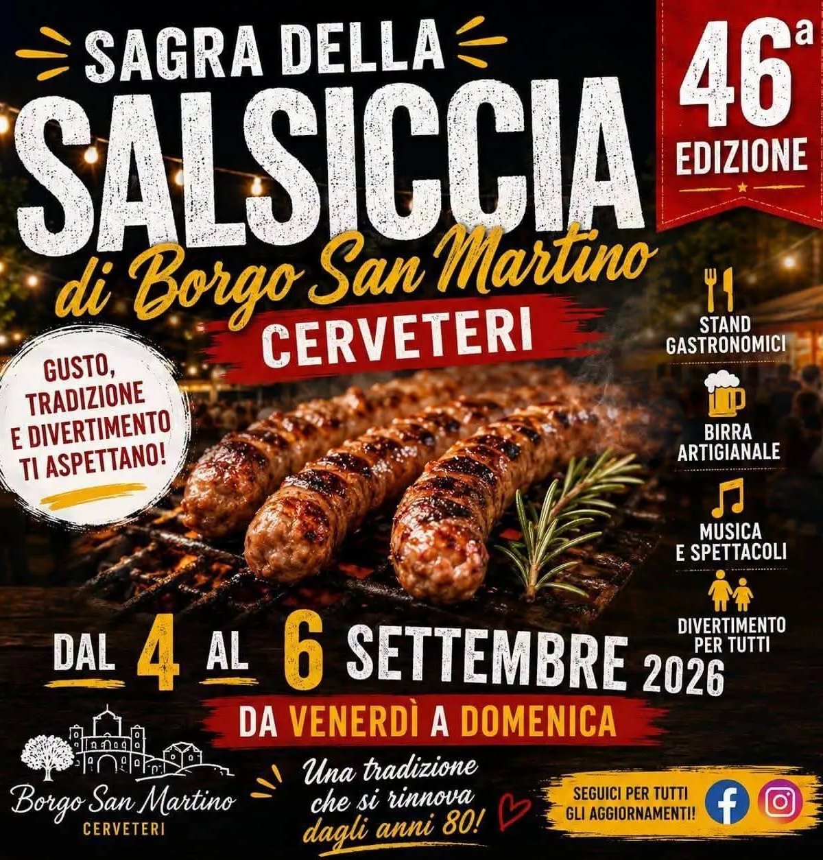Locandina 46ª Sagra della Salsiccia di Borgo San Martino 2026 a Cerveteri (Roma)